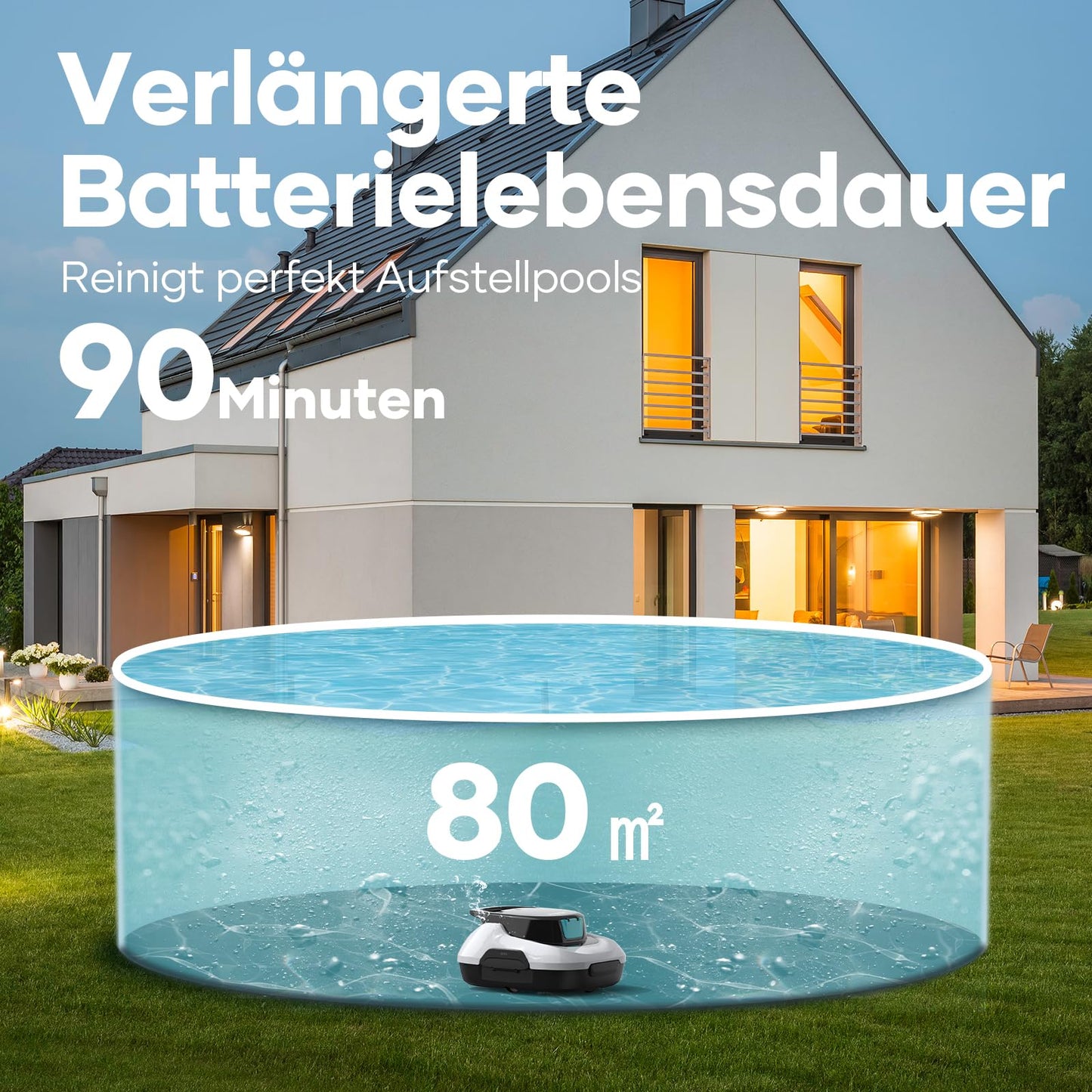 AIPER Kabelloser Poolroboter Akku, 90 Min Reinigungszeit, Automatische Reinigung mit Selbstparken, Kompakt & Leicht für Oberirdische Pools