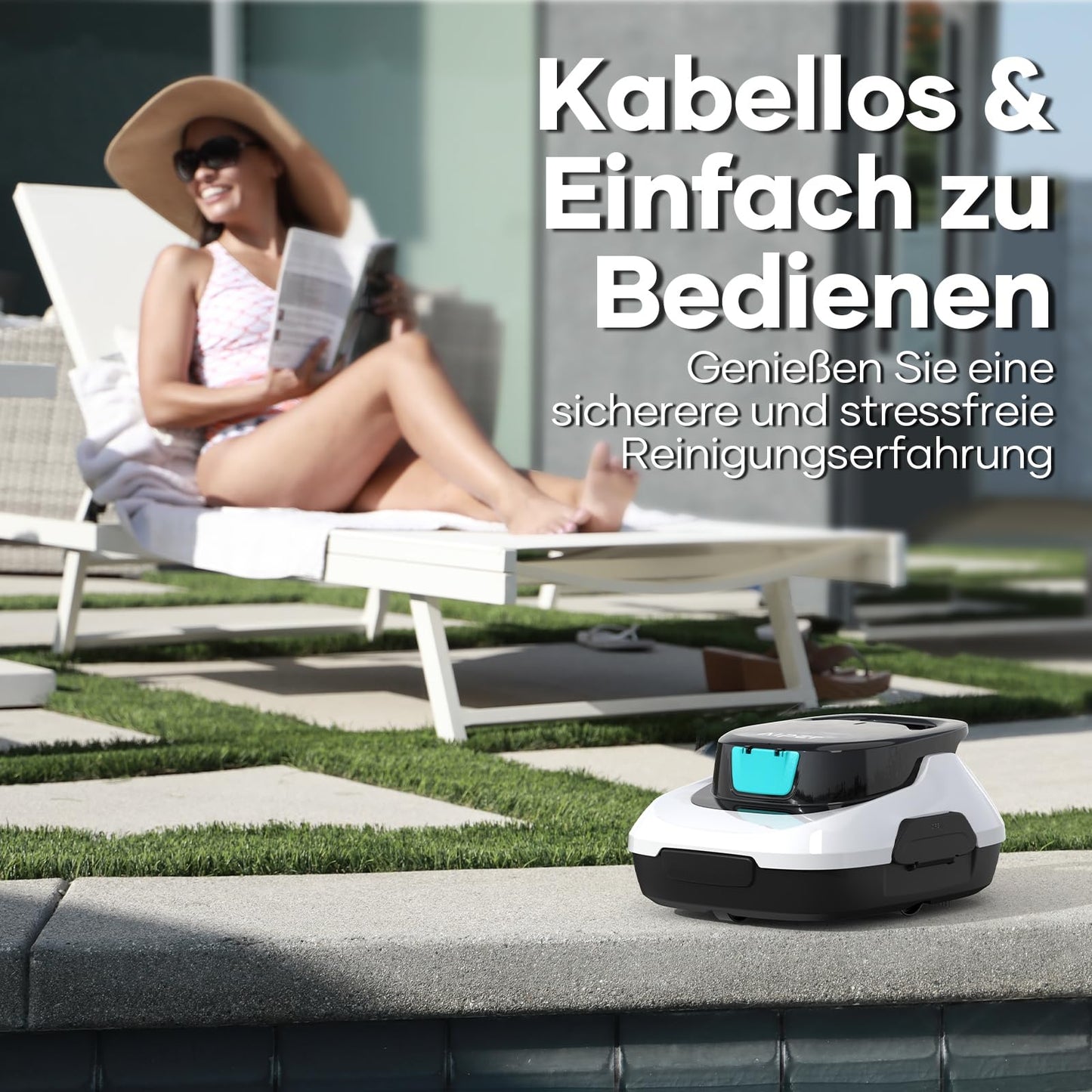 AIPER Kabelloser Poolroboter Akku, 90 Min Reinigungszeit, Automatische Reinigung mit Selbstparken, Kompakt & Leicht für Oberirdische Pools